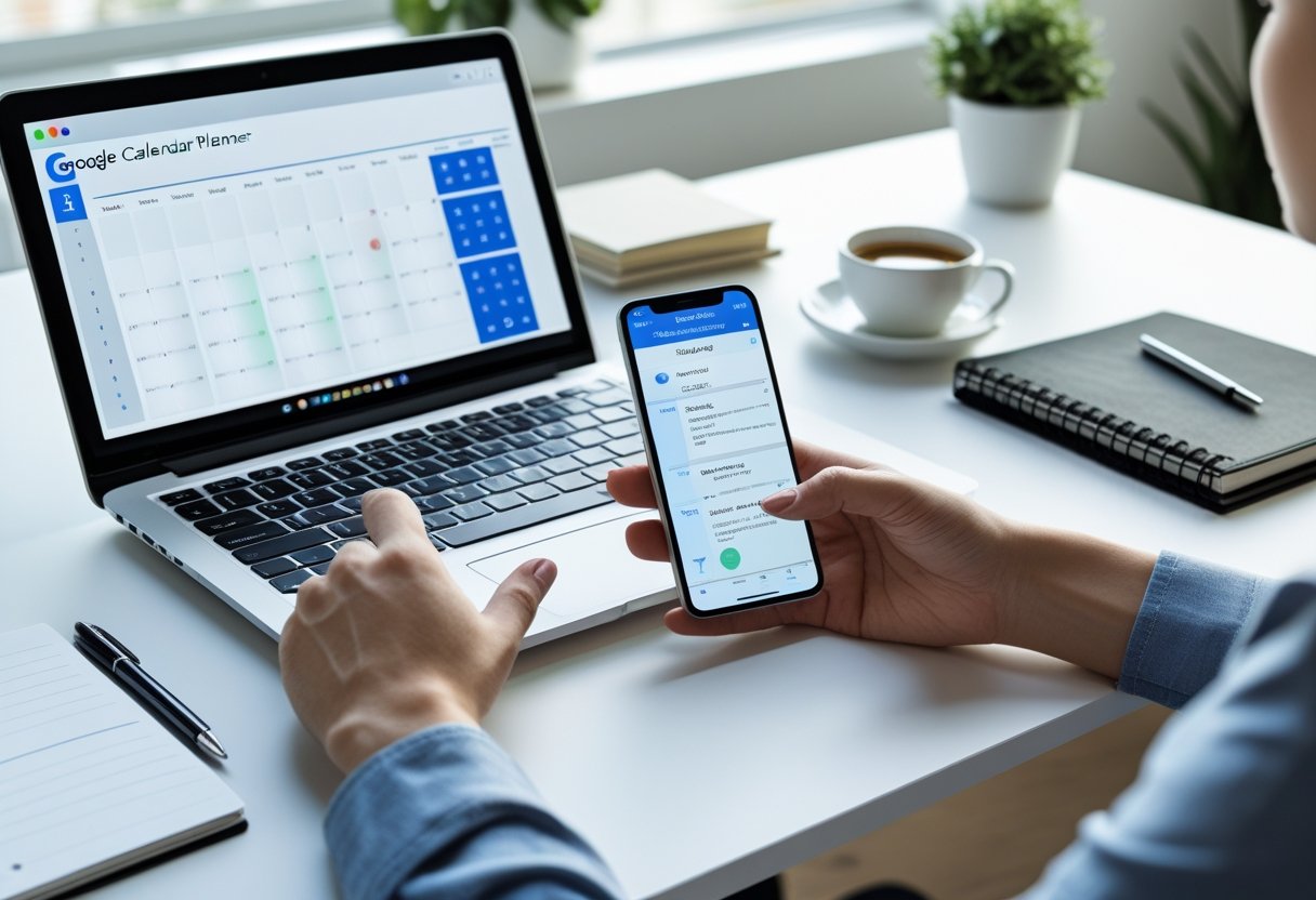 Google Kalender-Planer: So machst du eine Buchungsseite richtig 3 Arbeitsplatz mit Laptop und Smartphone, die einen Kalender und eine Buchungsseite zeigen, Hände bedienen die Geräte, auf einem Schreibtisch mit Bürobedarf.
