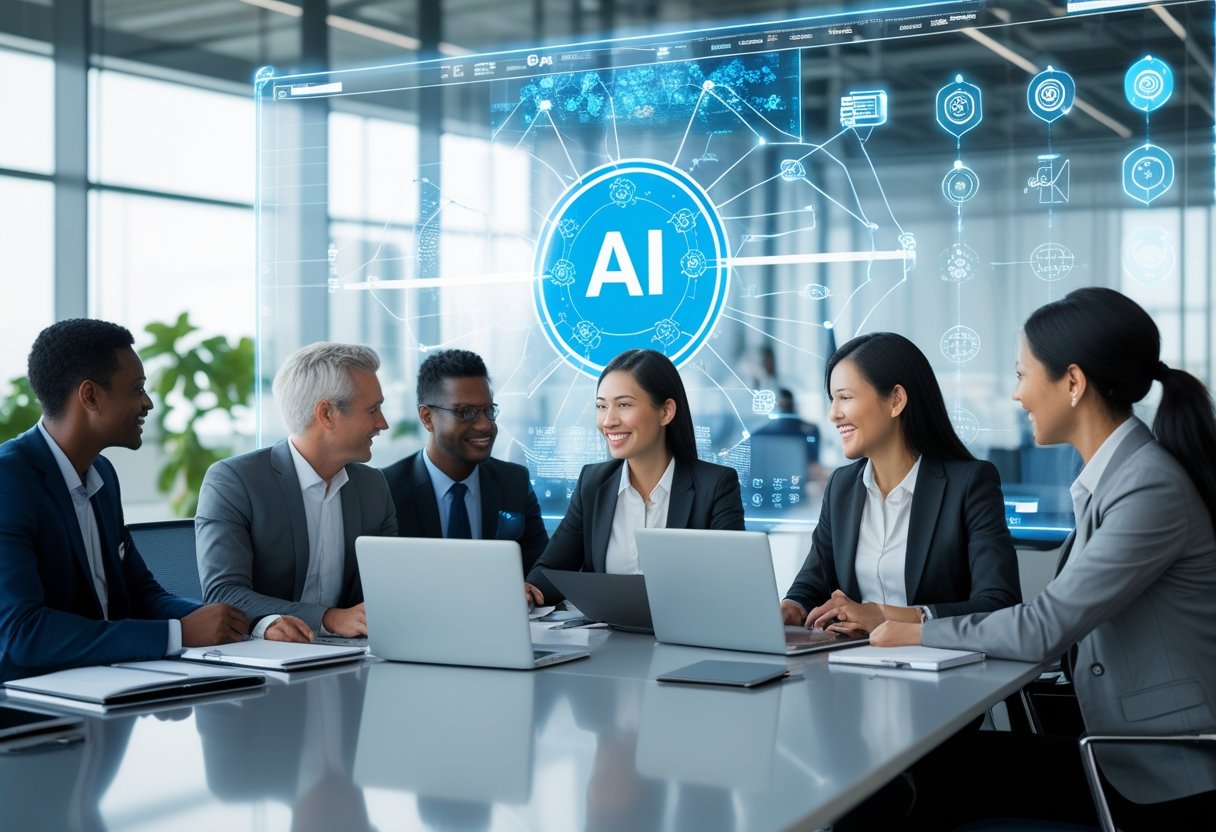 Geschäftsleute in einem modernen Büro arbeiten gemeinsam an einem Tisch mit digitalen Geräten und einem holografischen Display im Hintergrund, das künstliche Intelligenz darstellt.