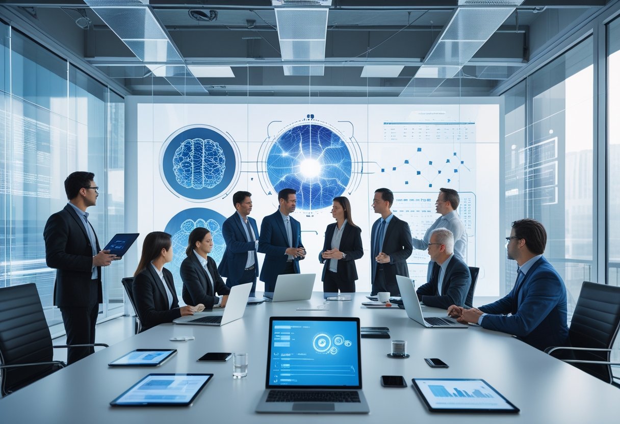 Geschäftsleute arbeiten gemeinsam in einem modernen Büro mit digitalen Geräten und futuristischen Bildschirmanzeigen, die KI-Daten zeigen.