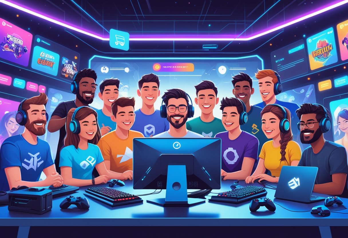 A group of gamers enjoying a modern gaming setup surrounded by digital marketplace elements representing a trusted online gaming store.