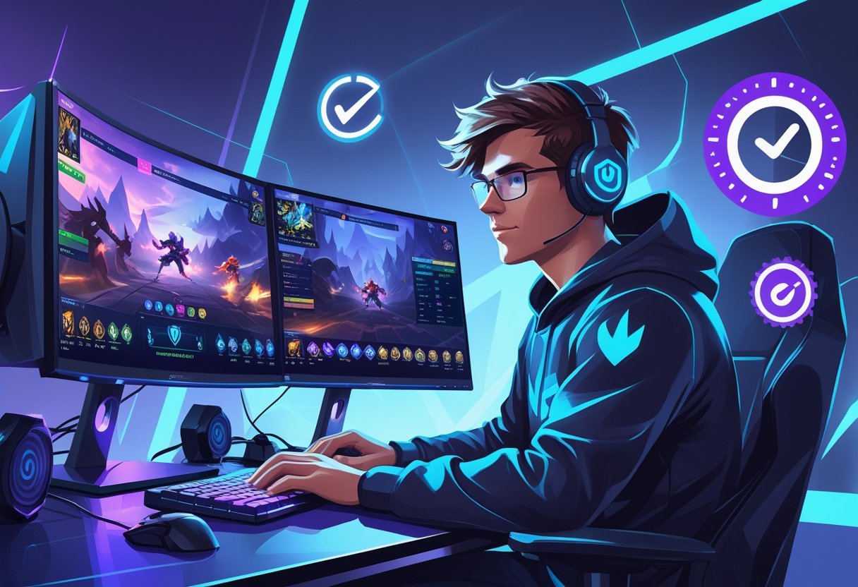A gamer focused at a multi-monitor gaming setup with League of Legends gameplay and icons representing trust and fast service around them.