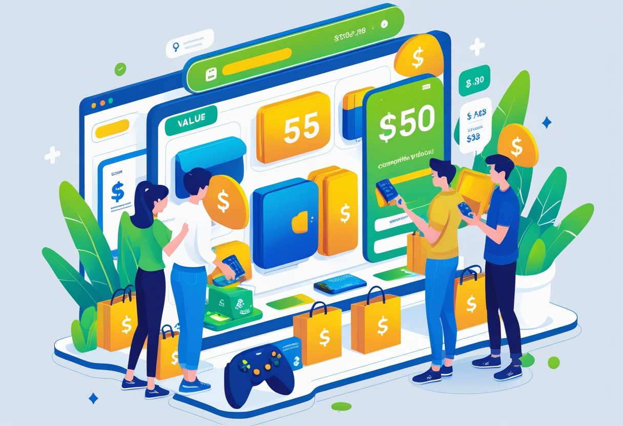 A digital marketplace scene showing people browsing gaming consoles and accessories with price and value indicators highlighting affordability.