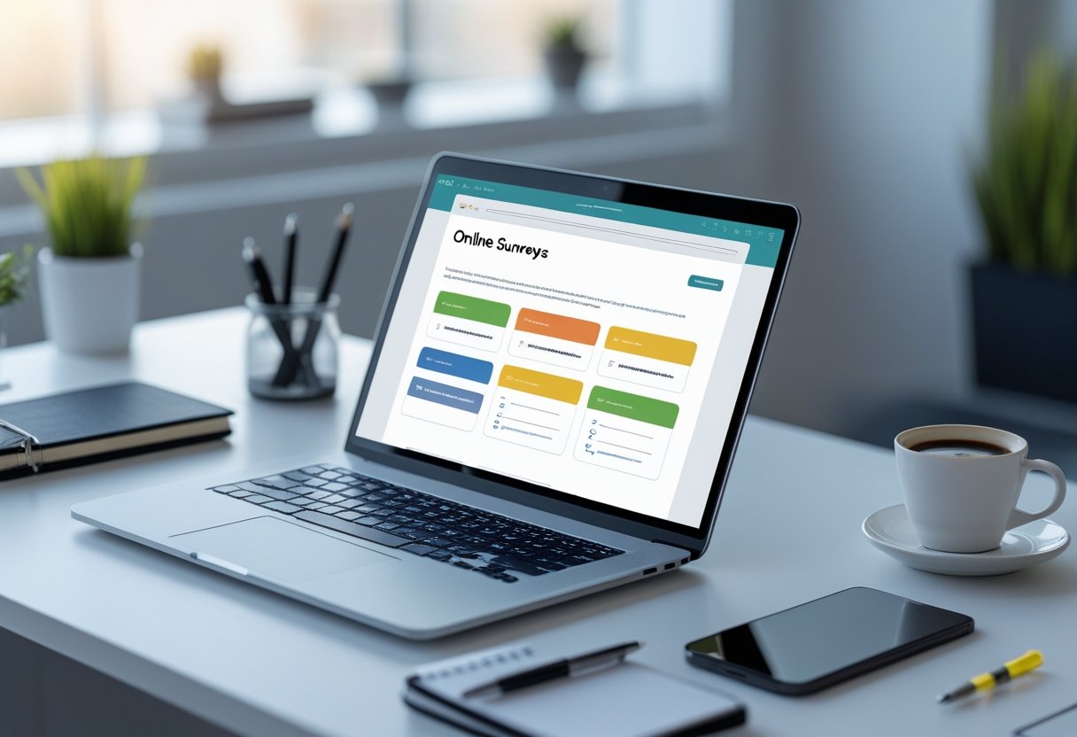 Google Forms: Eine Anleitung zum Erstellen von Google Form-Umfragen 1 Ein moderner Arbeitsplatz mit einem Laptop auf einem Schreibtisch, der eine Online-Umfrage zeigt, umgeben von Büroutensilien wie Notizbuch, Stift, Smartphone und Kaffeetasse.