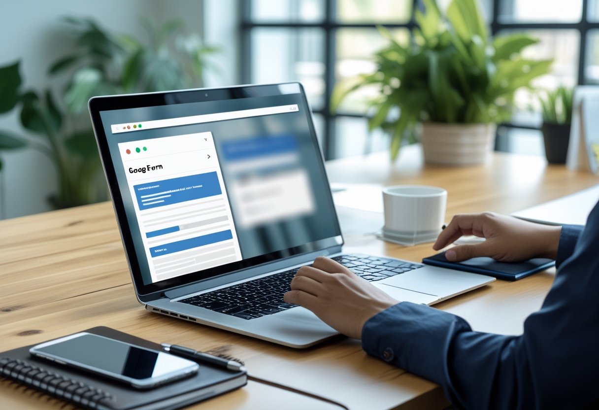 Google Forms: Eine Anleitung zum Erstellen von Google Form-Umfragen 2 Ein moderner Arbeitsplatz mit einem Laptop, auf dem eine Umfrage erstellt wird, umgeben von einem Smartphone, Notizblock und Pflanzen in einem hellen Büro.