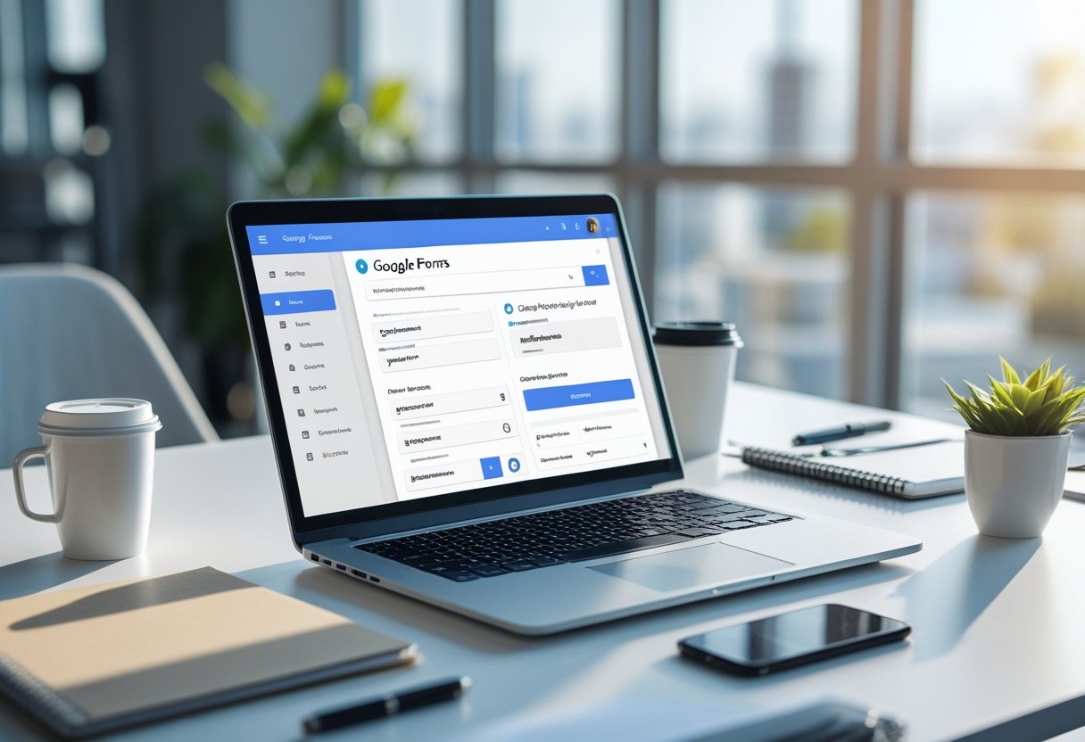Google Forms: Eine Anleitung zum Erstellen von Google Form-Umfragen 3 Ein moderner Arbeitsplatz mit einem Laptop, auf dem eine Umfrage in Google Forms erstellt wird, umgeben von Bürobedarf.