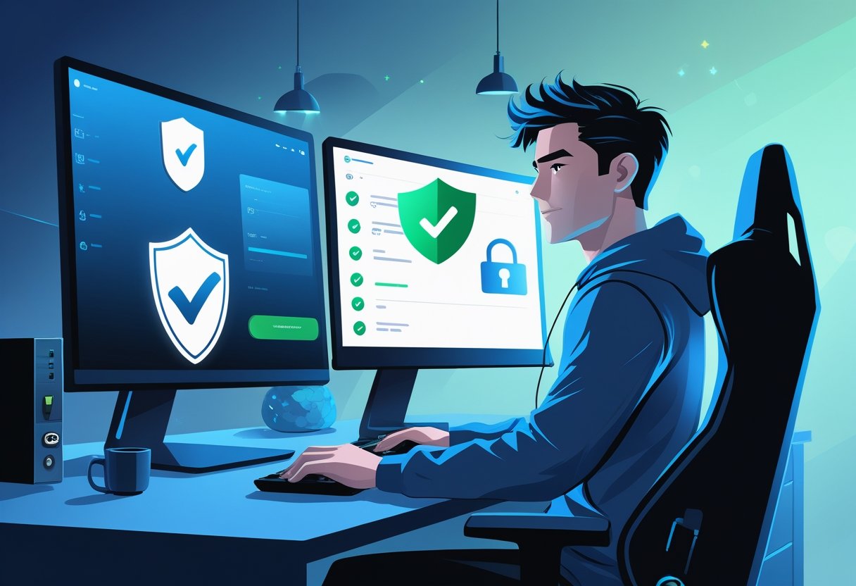 A gamer at a computer desk with multiple monitors showing security icons and a calm expression, symbolizing safety and protection in gaming.