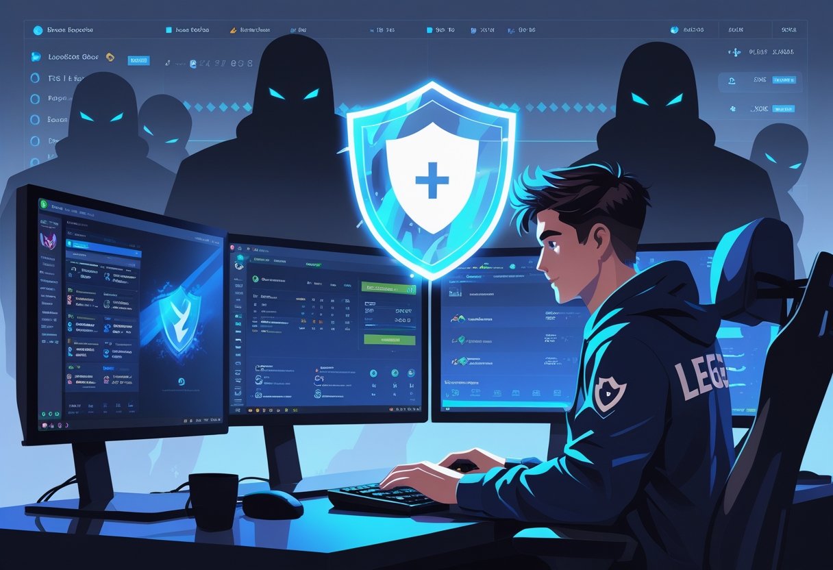 A gamer at a computer desk with multiple monitors showing League of Legends gameplay, protected by a glowing shield icon while shadowy figures representing risks fade away behind them.