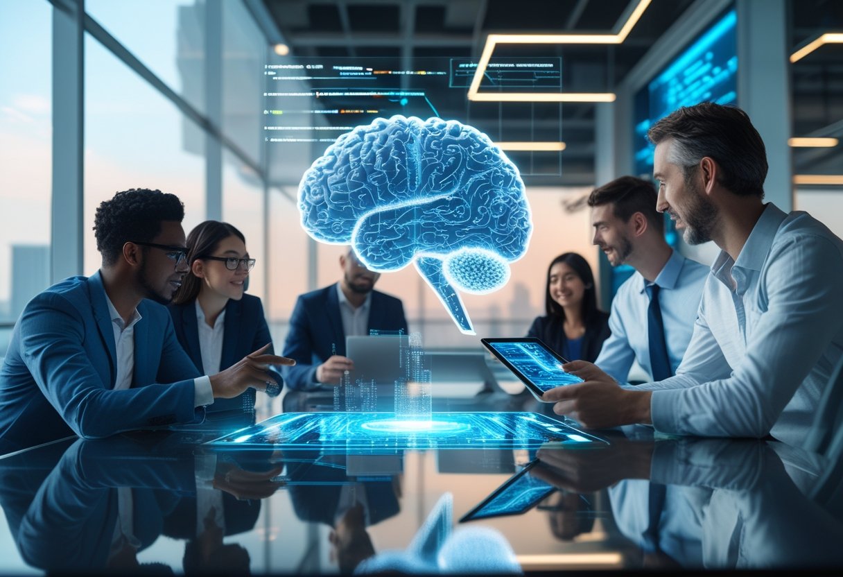 Was ist Agentic AI? Und wie kannst du sie nutzen? 1 Eine Gruppe von Fachleuten arbeitet in einem modernen Büro gemeinsam an einem holografischen 3D-Modell einer künstlichen Intelligenz.