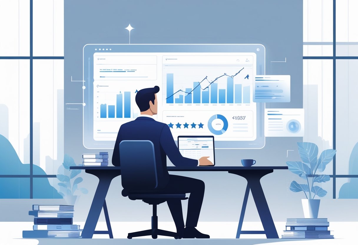 A businessperson reviewing charts and star ratings on a large digital screen in a bright office.