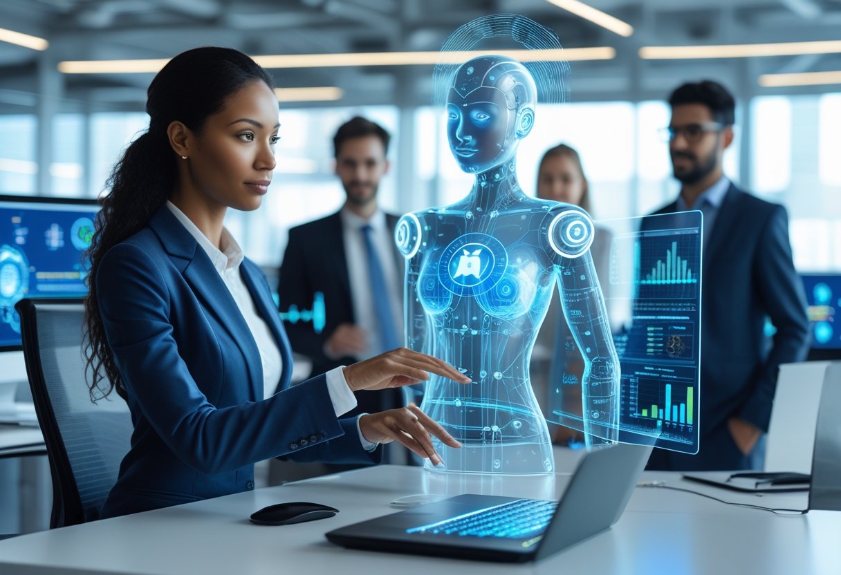 Was ist Agentic AI? Und wie kannst du sie nutzen? 2 Eine Geschäftsfrau nutzt eine digitale Schnittstelle mit einem holografischen KI-Assistenten in einem modernen Büro.