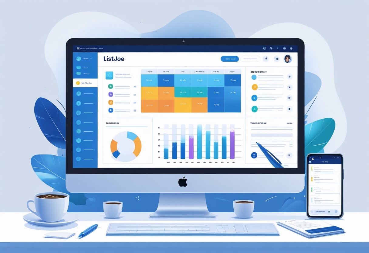 A clean workspace with a computer screen displaying an organized digital list and productivity tools around it.