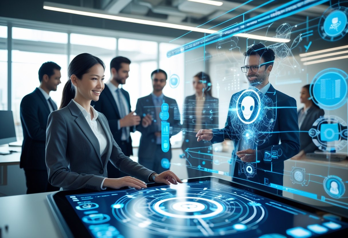 Was ist Agentic AI? Und wie kannst du sie nutzen? 3 Menschen in einem modernen Büro arbeiten zusammen an einem digitalen Touchscreen mit abstrakten Darstellungen von künstlicher Intelligenz.