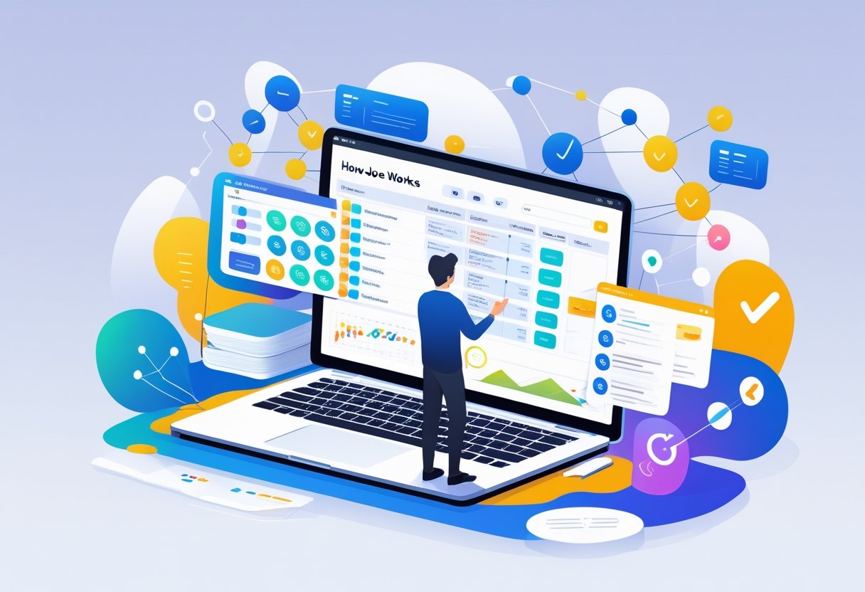 A person using a laptop displaying organized lists and charts, surrounded by icons representing productivity and task management.
