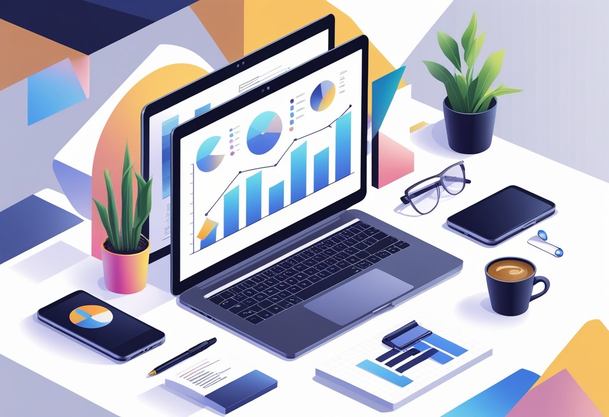 A modern workspace with a laptop showing charts, surrounded by office items like a smartphone, coffee cup, notepad, and glasses.