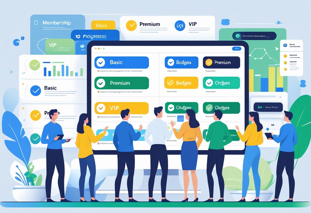A group of people interacting with digital membership cards representing different levels and options in a professional setting.