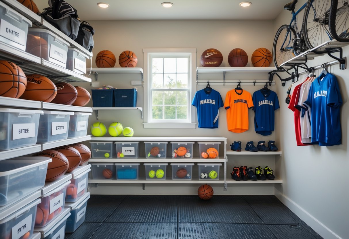 Organized garage with shelves, bins, and racks storing various sports equipment and gear.