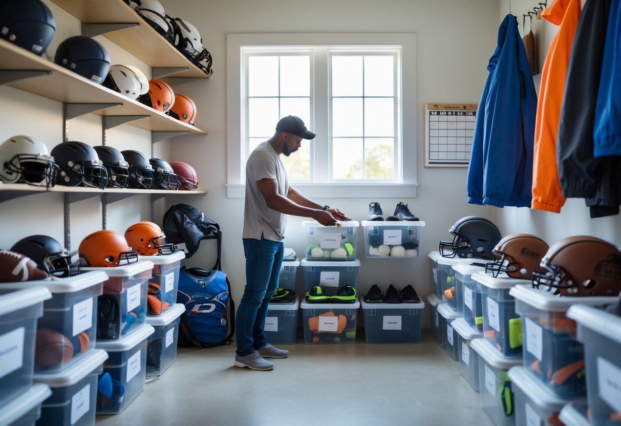 A person organizing and cleaning sports equipment in a bright, tidy storage area with shelves and bins holding helmets, bats, and gloves.