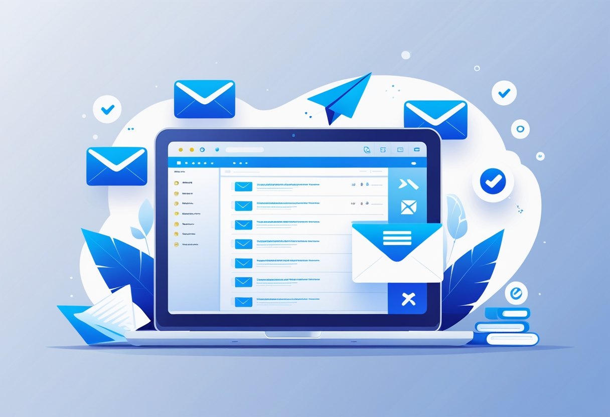 A modern workspace with a laptop showing an email inbox surrounded by icons representing email and communication.