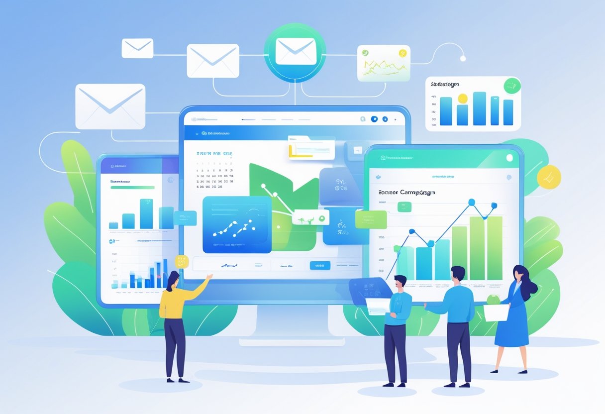 A digital dashboard showing email marketing workflow with icons of emails, calendar, charts, and user avatars connected in a clear, organized layout.