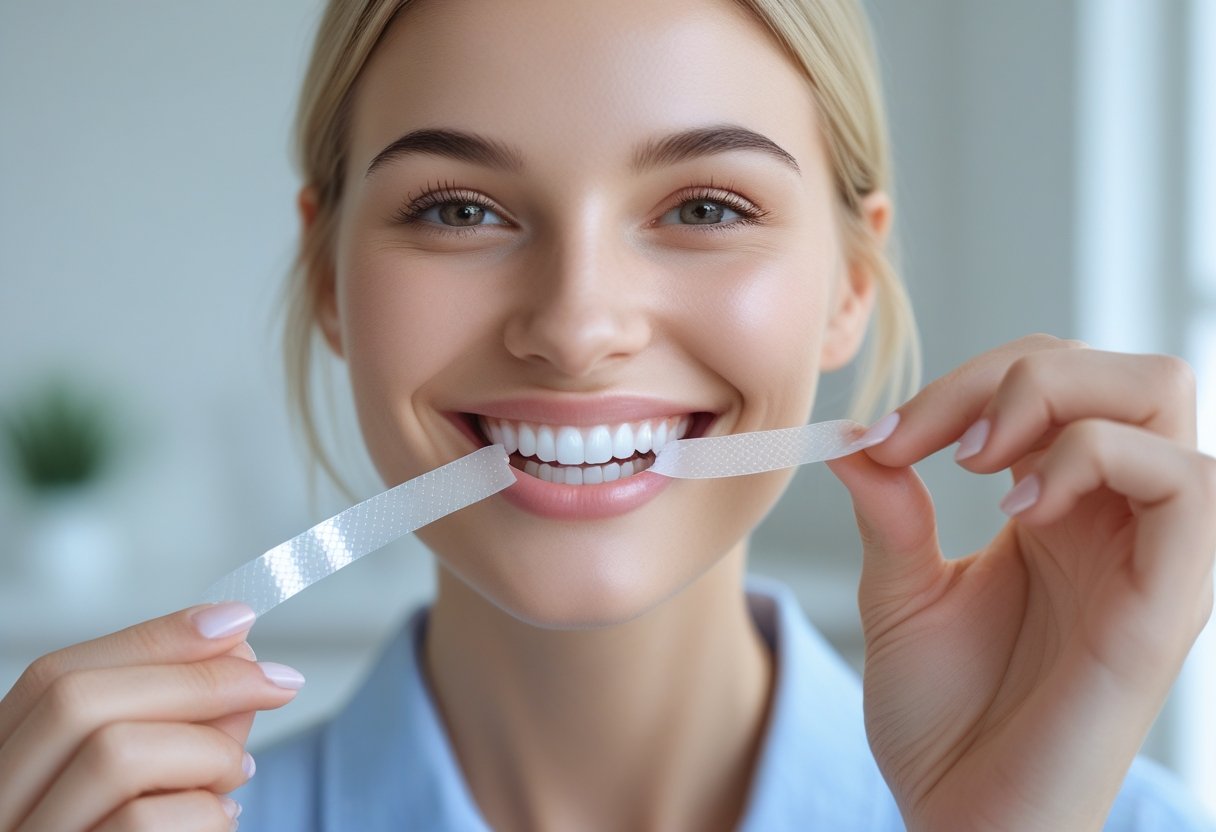 Close-up of a person smiling and holding a clear dental whitening strip near their mouth.
