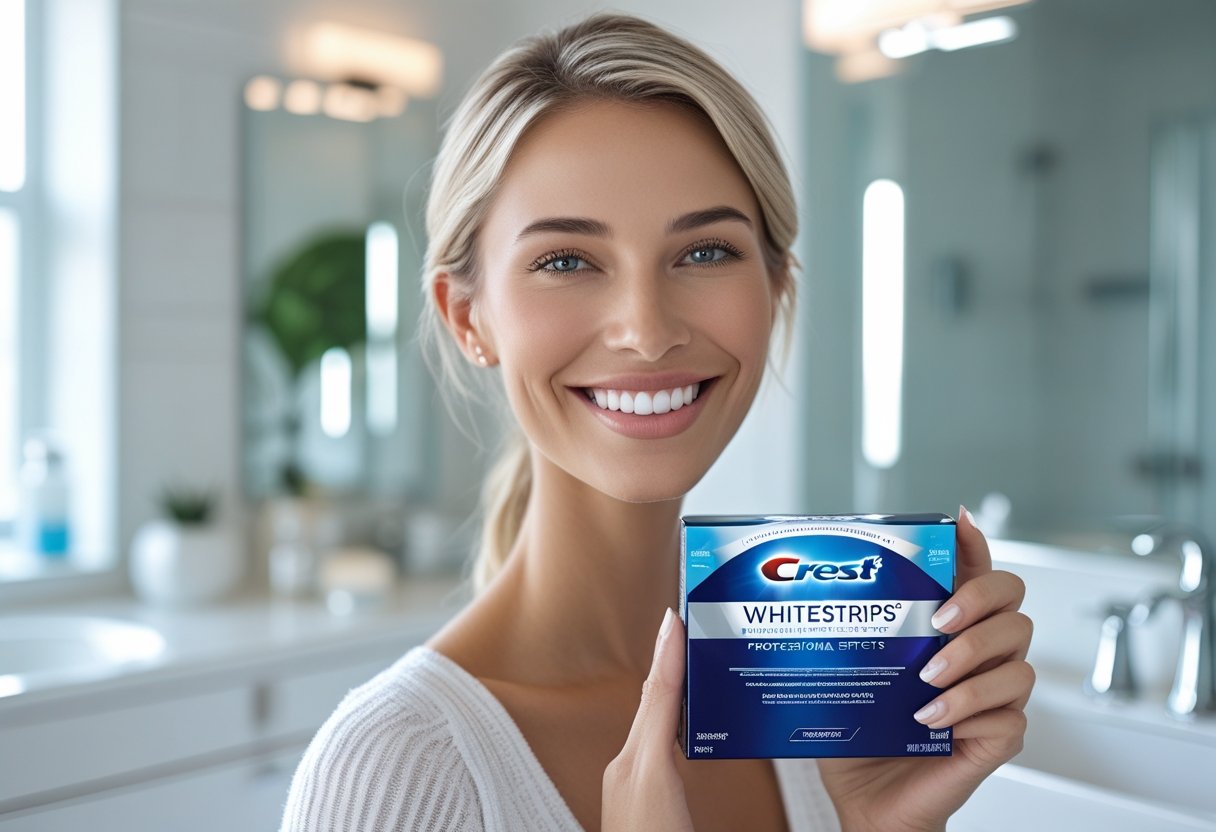 A smiling woman holding a box of teeth whitening strips in a bright bathroom.