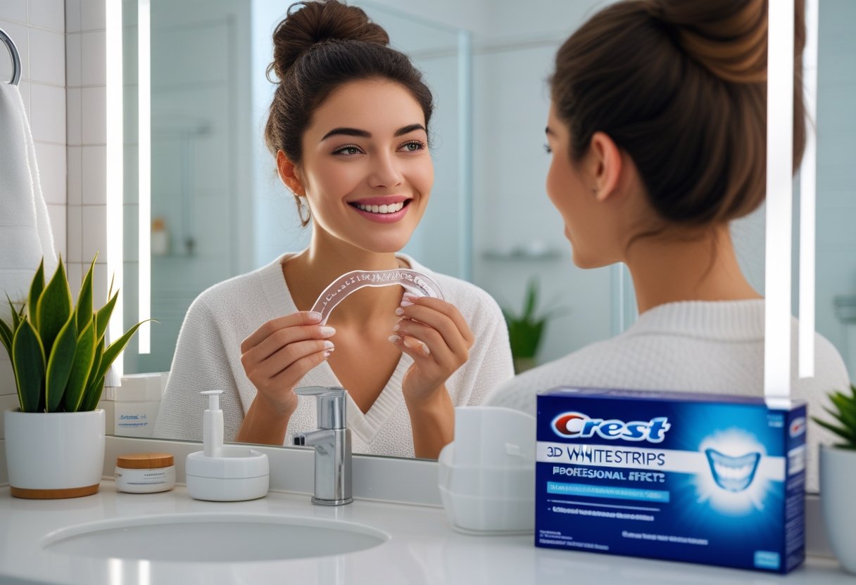 A smiling young adult holding a dental tray in a bright bathroom with a box of teeth whitening strips on the counter.