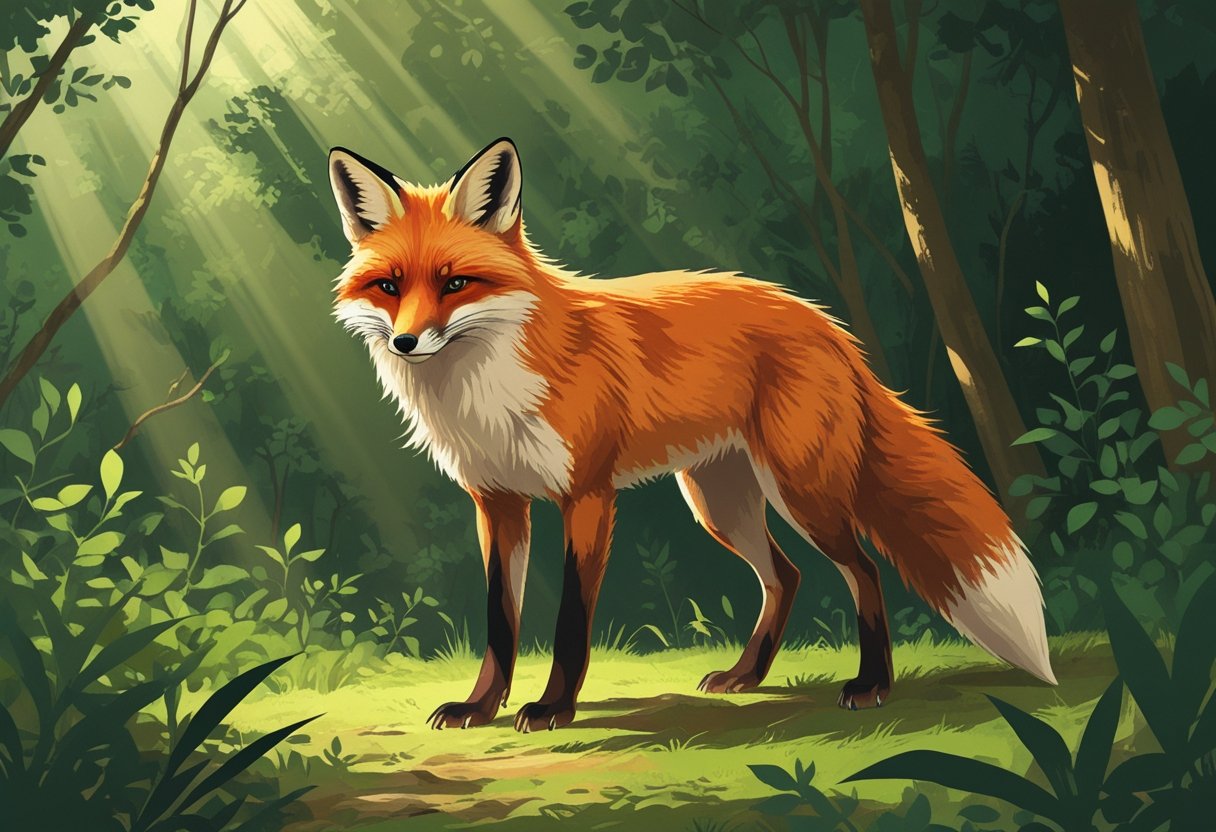 Uma raposa astuta em uma clareira de floresta com folhagens verdes ao redor, olhando atentamente para frente.