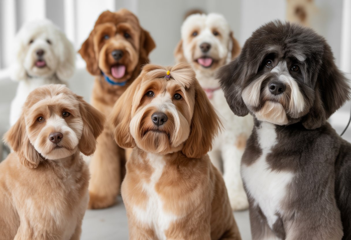 Several well-groomed doodle dogs posed in a bright studio with soft lighting.