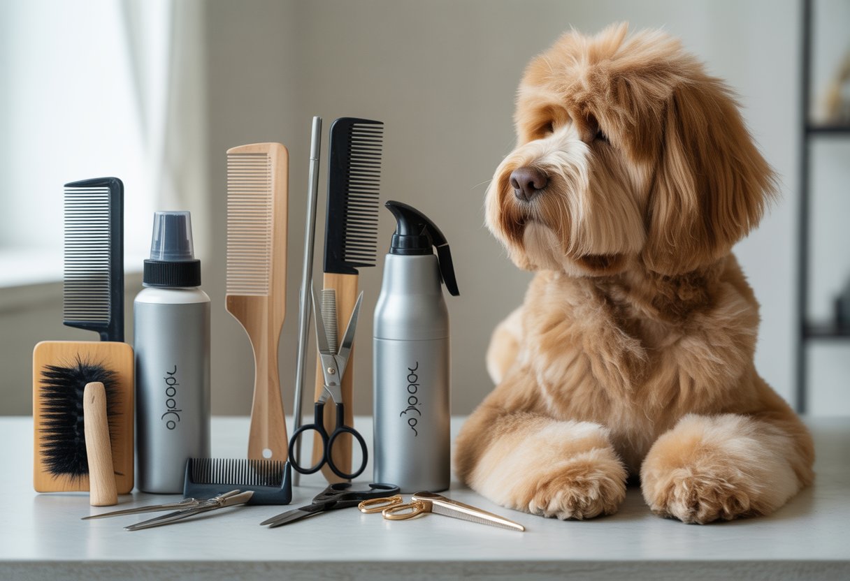 A neatly arranged set of grooming tools next to a well-groomed doodle dog on a clean surface.