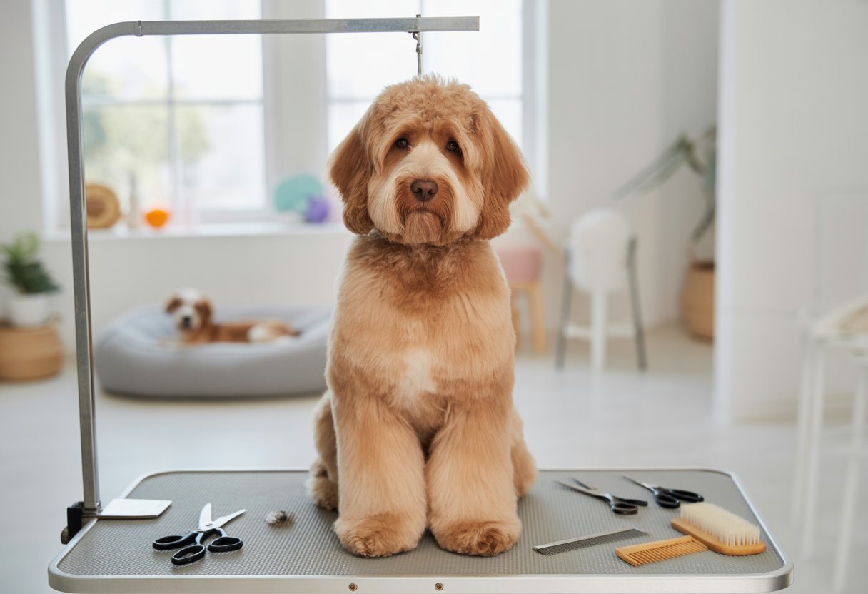 A doodle dog with a neatly trimmed coat sitting on a grooming table in a bright home setting with grooming tools nearby.