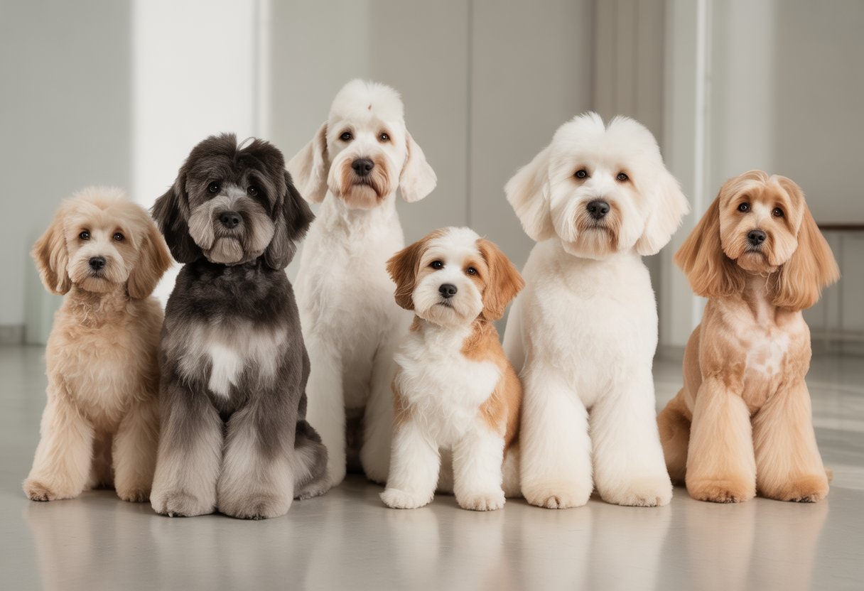 A group of neatly groomed doodle dogs with different grooming styles in a clean studio setting.