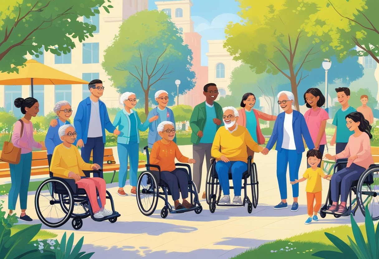 Grupo diverso de pessoas de diferentes idades, etnias e habilidades interagindo em um parque urbano acessível e acolhedor.
