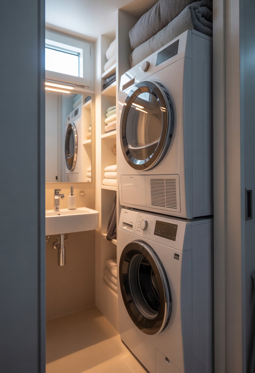 A very small bathroom with a compact stackable washer-dryer unit, a small sink, and shelves with towels and laundry supplies.