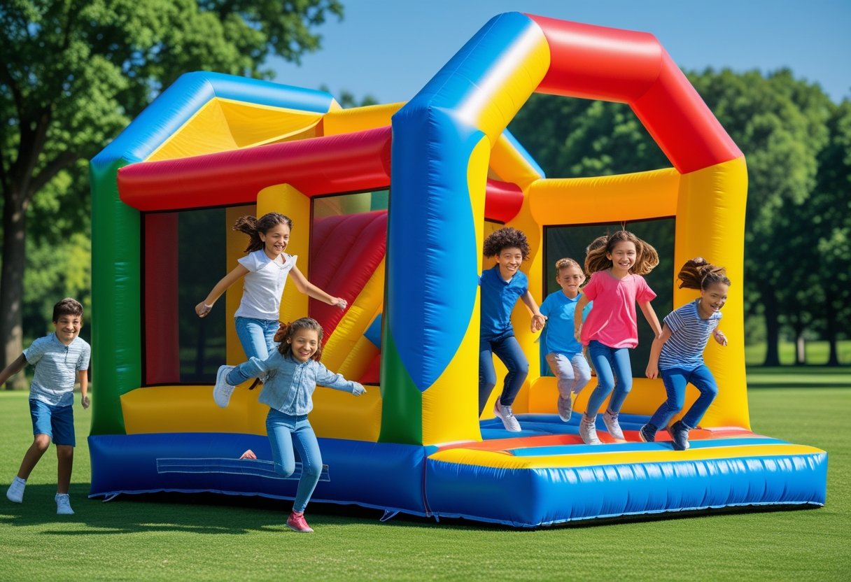 Hüpfburg kaufen: Die besten Modelle 2026 & Vergleich 2 Bunte Hüpfburg im Park mit Kindern, die draußen fröhlich spielen.