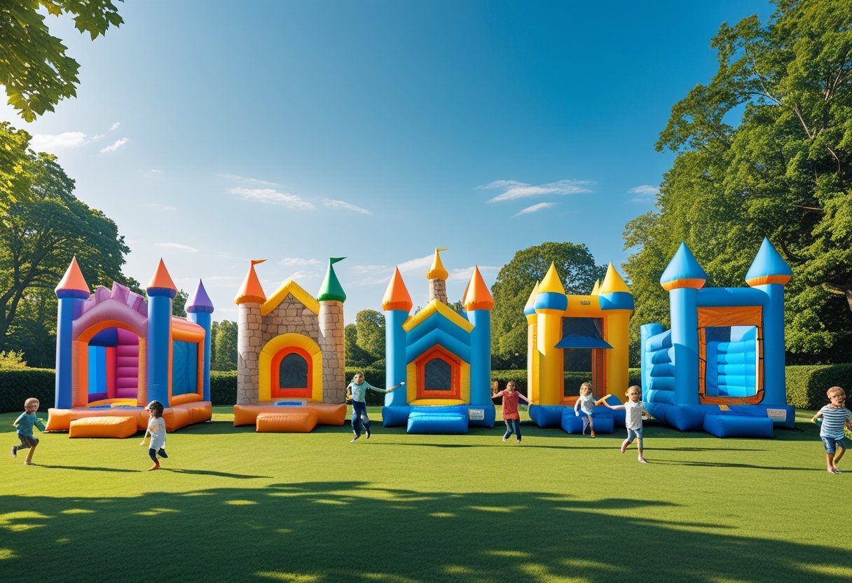Hüpfburg kaufen: Die besten Modelle 2026 & Vergleich 3 Mehrere verschiedene Hüpfburgen stehen nebeneinander in einem sonnigen Park, Kinder spielen darauf, umgeben von Bäumen und blauem Himmel.