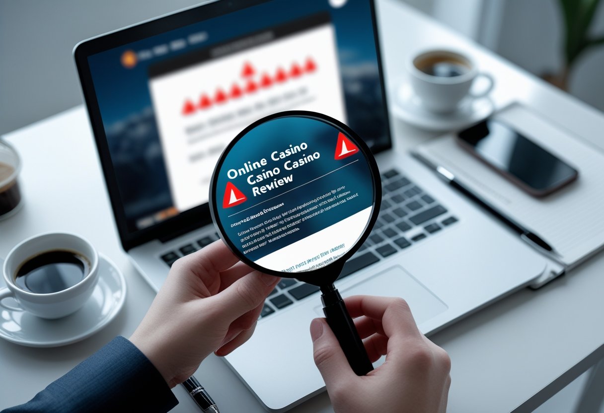 A person holding a magnifying glass over a laptop screen showing an online casino review