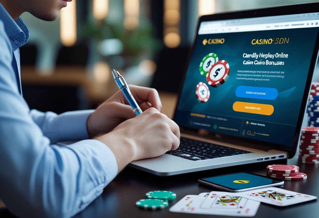 A person at a desk looking thoughtfully at a laptop with casino chips, playing cards