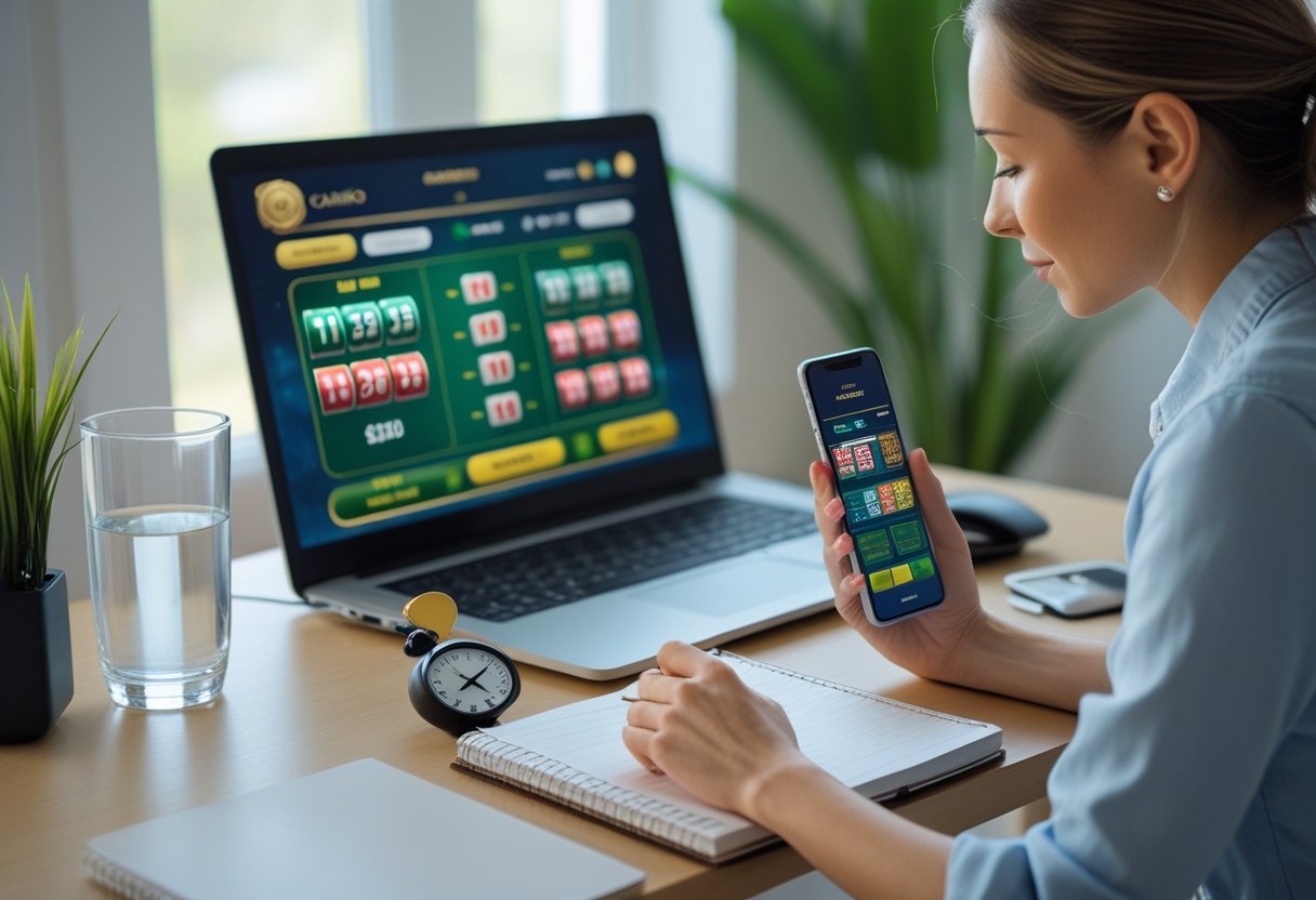An adult sitting at a desk using a computer with an online casino interface, managing their budget with a smartphone and notebook nearby.