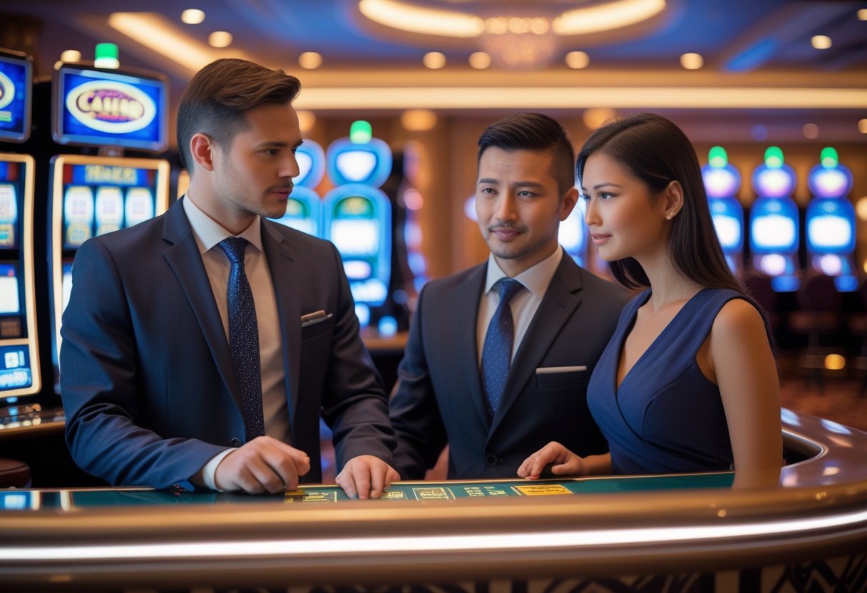 A man and woman talk with a casino cashier at a counter inside a casino with slot machines in the background.