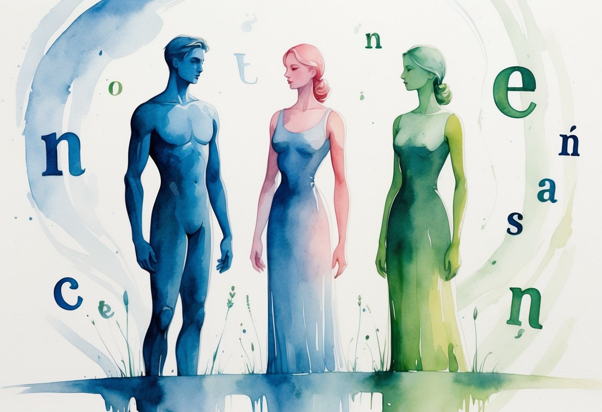 Tri stilizirane figure koje predstavljaju muški, ženski i srednji rod u hrvatskom jeziku, okružene apstraktnim oblicima i simbolima jezika.