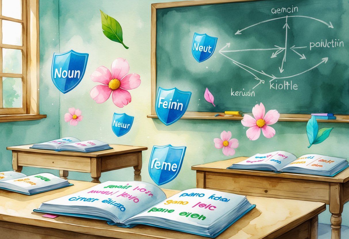 Učionica s drvenim stolom na kojem su otvorene knjige i kartice s imenima, s plutajućim simbolima koji predstavljaju rod imenica.