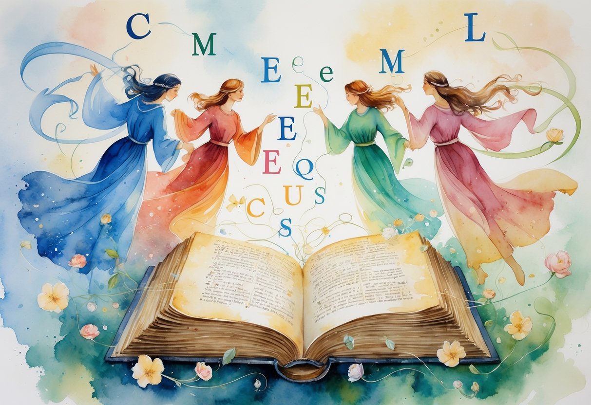 Otvorena knjiga okružena likovima koji simboliziraju muški, ženski i srednji rod, sa slovima i simbolima koji lebde oko njih.