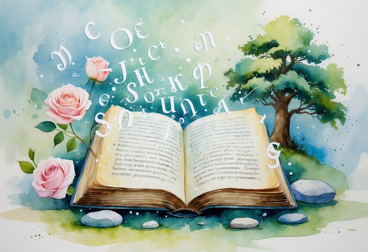 Otvorena knjiga okružena slovima i simbolima koji predstavljaju rod imenica, u mirnom i skladnom okruženju.