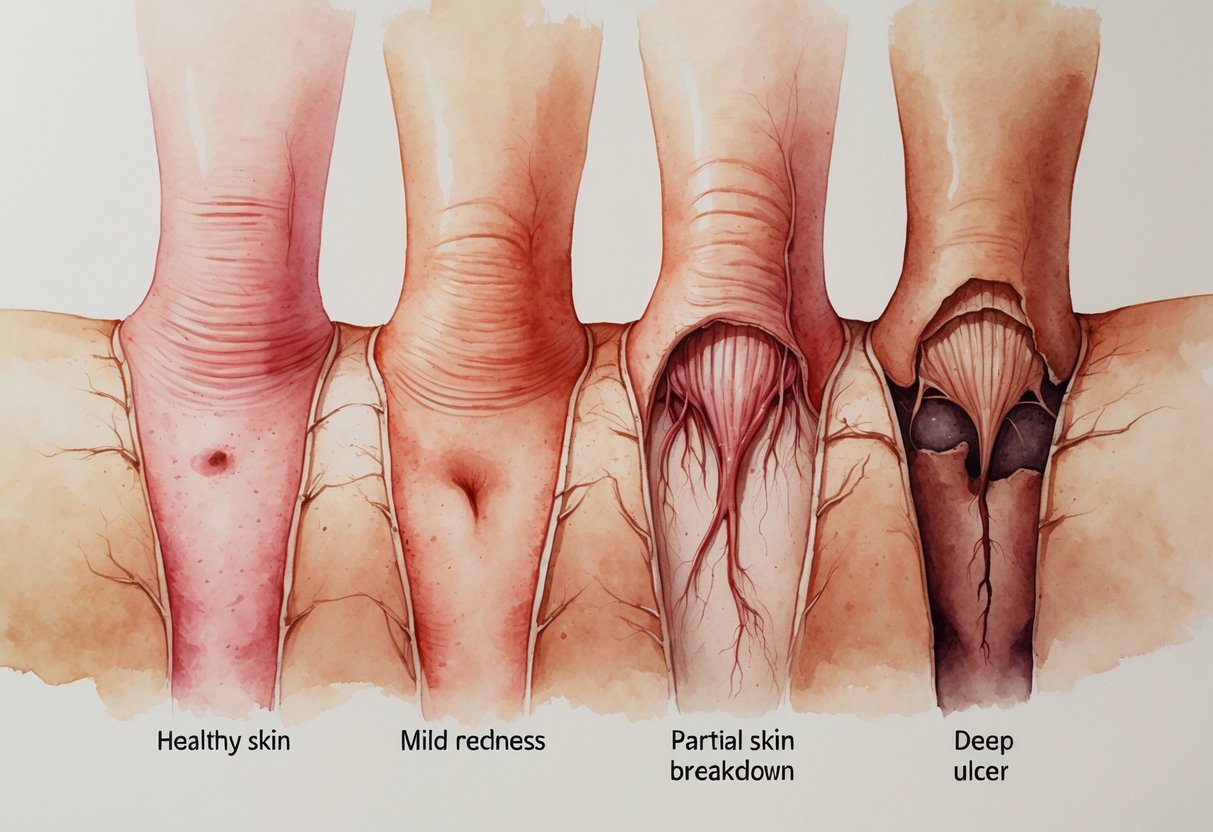 Prikaz četiri faze razvoja dekubitusa na ljudskoj koži, od zdrave kože do duboke rane.