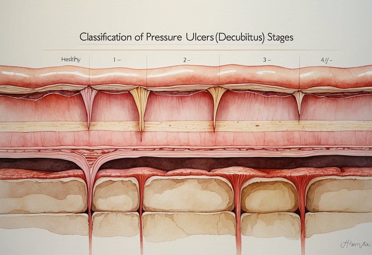 Prikaz četiri faze dekubitusa na presjecima kože, od zdrave kože do dubokih rana.