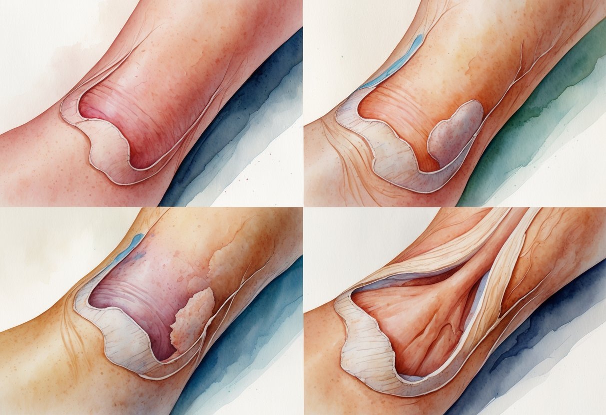 Prikaz četiri stupnja dekubitusa na koži, od crvenila do dubokih rana koje sežu do mišića i kosti.