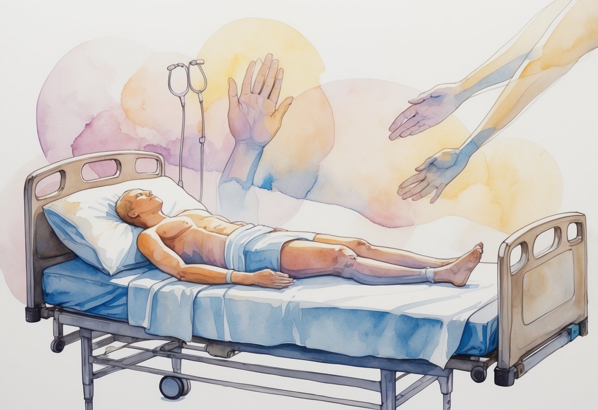 Ljudski lik leži na bolničkom krevetu s označenim područjima koja su podložna dekubitusima u različitim fazama razvoja.