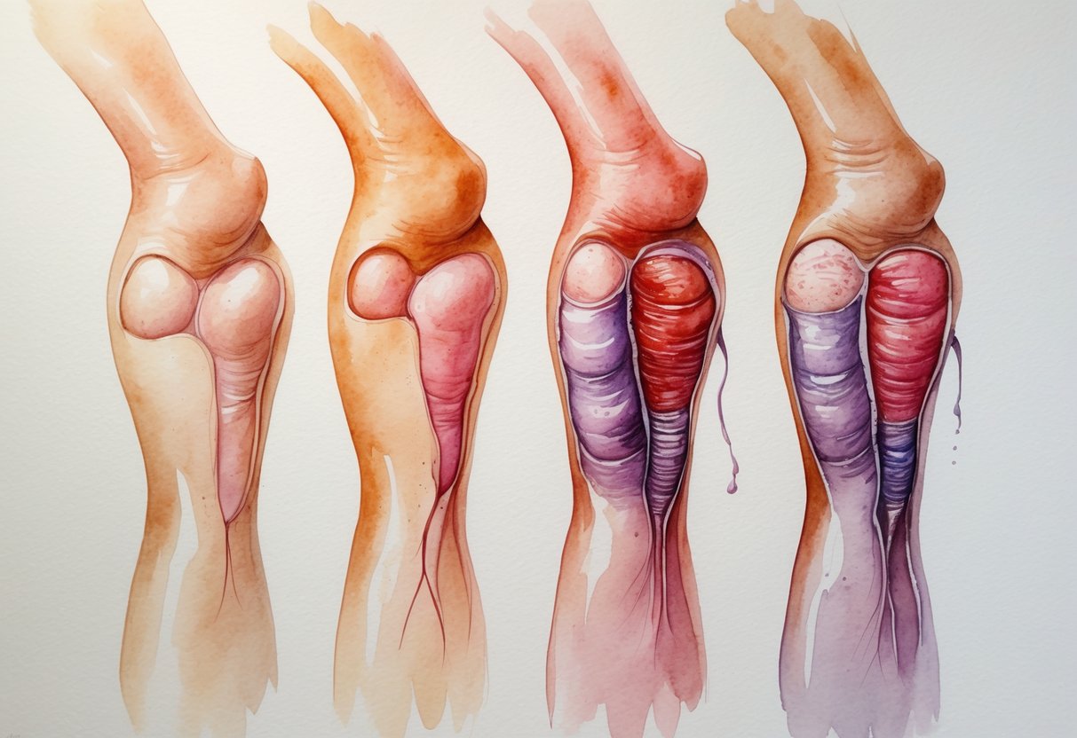 Prikaz četiri faze dekubitusa na ljudskoj koži, od zdrave kože do teškog oštećenja.