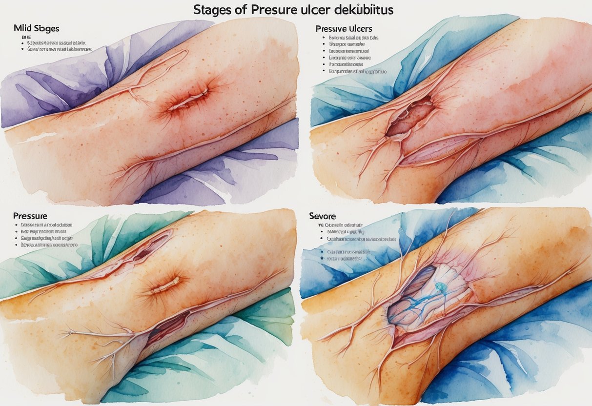 Prikaz različitih stupnjeva dekubitusa na ljudskoj koži s vidljivim ranama i odgovarajućim postupcima liječenja.