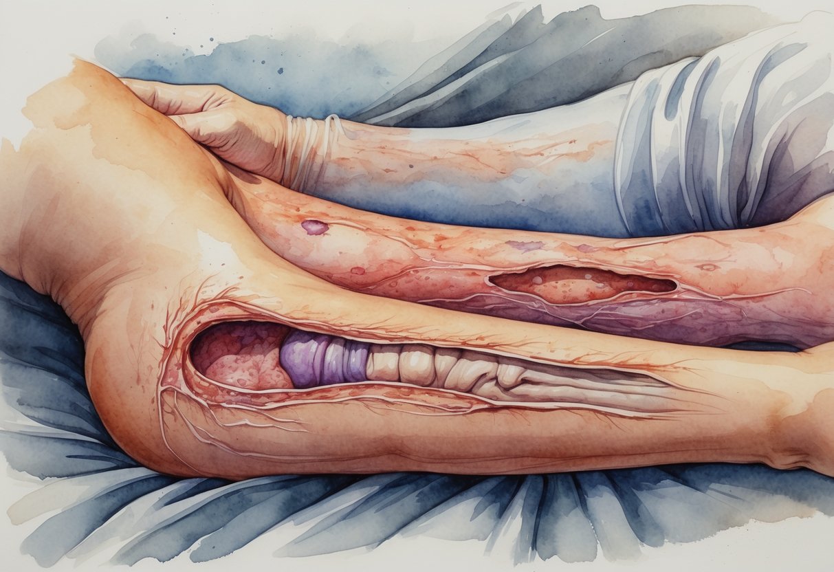 Prikaz tijela s različitim stupnjevima dekubitusa i njihovim komplikacijama, od crvenila do dubokih rana.